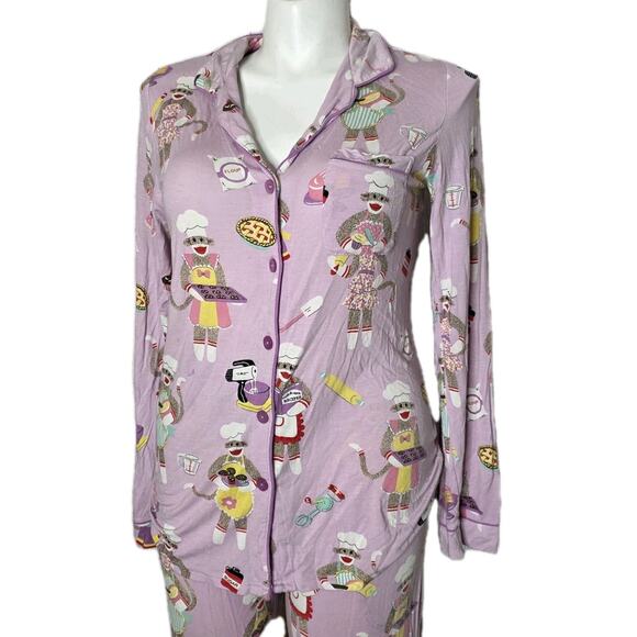 Nick & Nora Sock Monkey Baking Pajama Set Long Sleeve Top & Pants, sz Medium - Picture 1 of 11